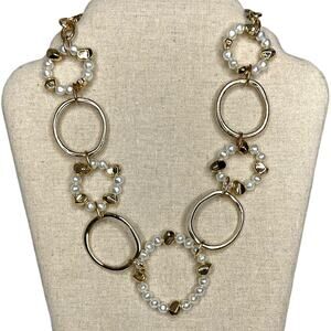 Gold Tone and Faux Pearl Statement Circle Necklace